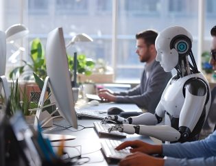 robot working among other employees at the office, the robot in office, office work, ai in office, ai in business, robot part of it team in office