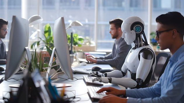 robot working among other employees at the office, the robot in office, office work, ai in office, ai in business, robot part of it team in office