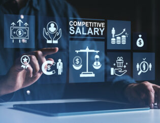 businessman interacting with digital icons representing competitive salary and employee benefits on a futuristic interface in dark environment.