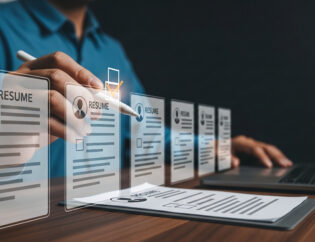hr recruiter reviewing digital resumes on virtual screen for job selection