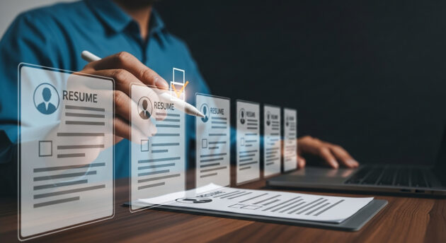 hr recruiter reviewing digital resumes on virtual screen for job selection