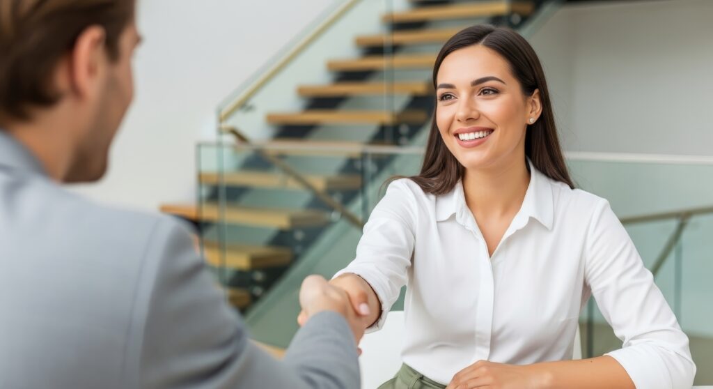 job interview success tips: woman shaking hands with recruiter after successful interview process