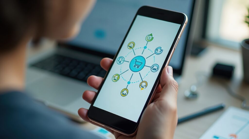 Smartphone with an e-commerce network diagram on the screen, surrounded by marketing tools on the desk.