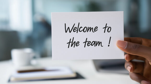 human resources department welcoming new employee to corporate team, offering warm greeting card, celebrating successful hiring and onboarding process in office workplace