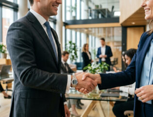 successful business partnership: man and woman handshake in modern office