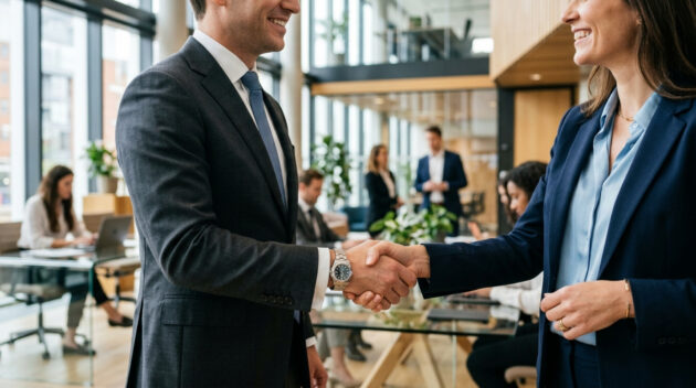 successful business partnership: man and woman handshake in modern office